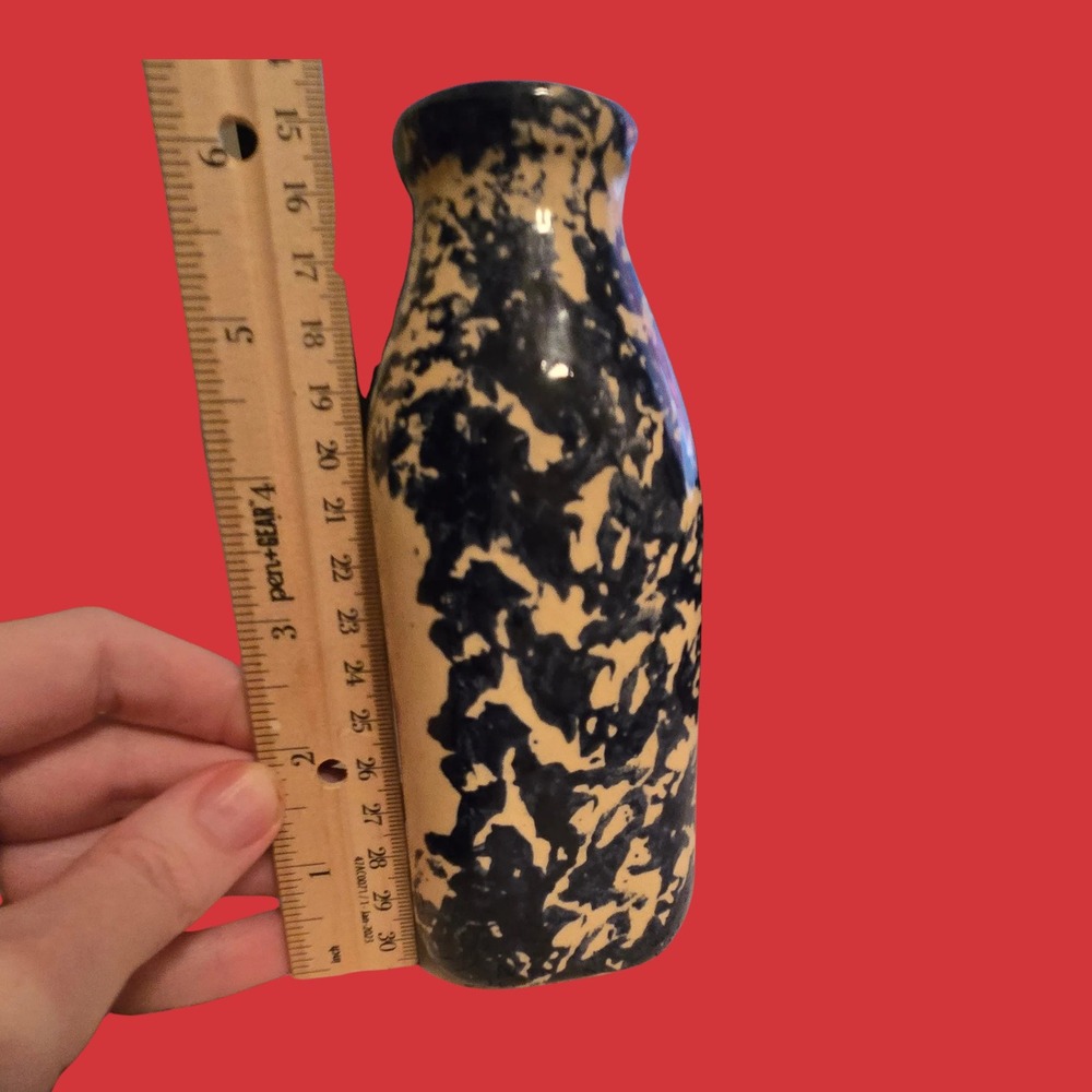 Alpine Pottery Roseville Ohio Blue Spongeware Heart Milk Bottle Bud Vase 6 inch - Picture 2 of 8